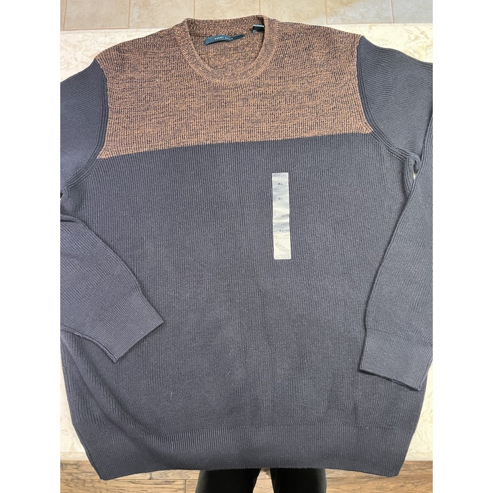 Perry Ellis NWT Color Block Men's Crew Neck Sweater XL Cotton Blend Brown Navy